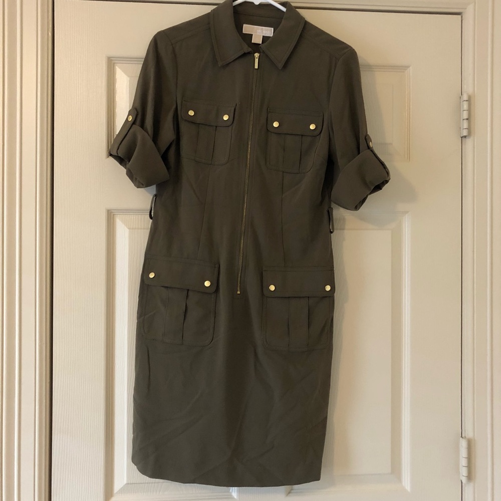 Michael Kors. S. Army green dress. Gold accents.